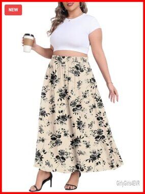Plus Size Maxi Skirt High Waist Boho A-Line Flowy with Pockets